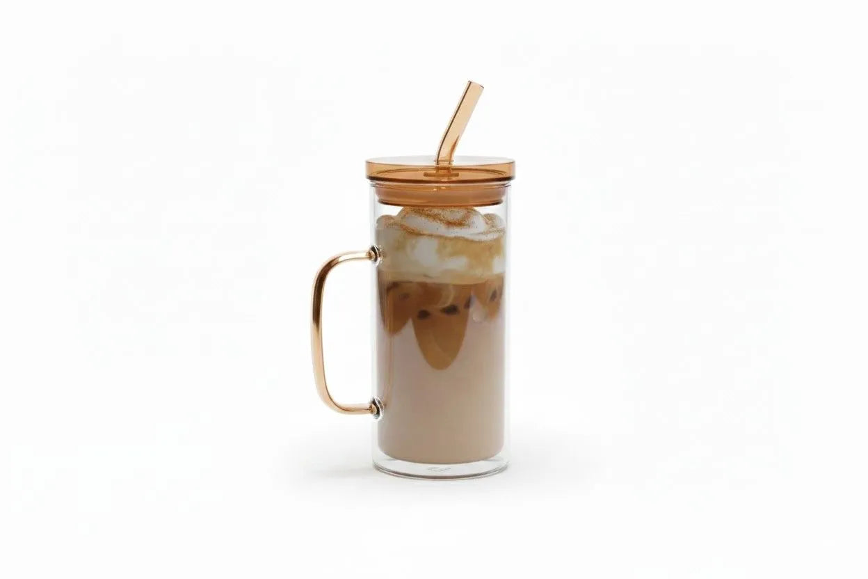 Reusable Glass Coffee Mug with Lid & Straw