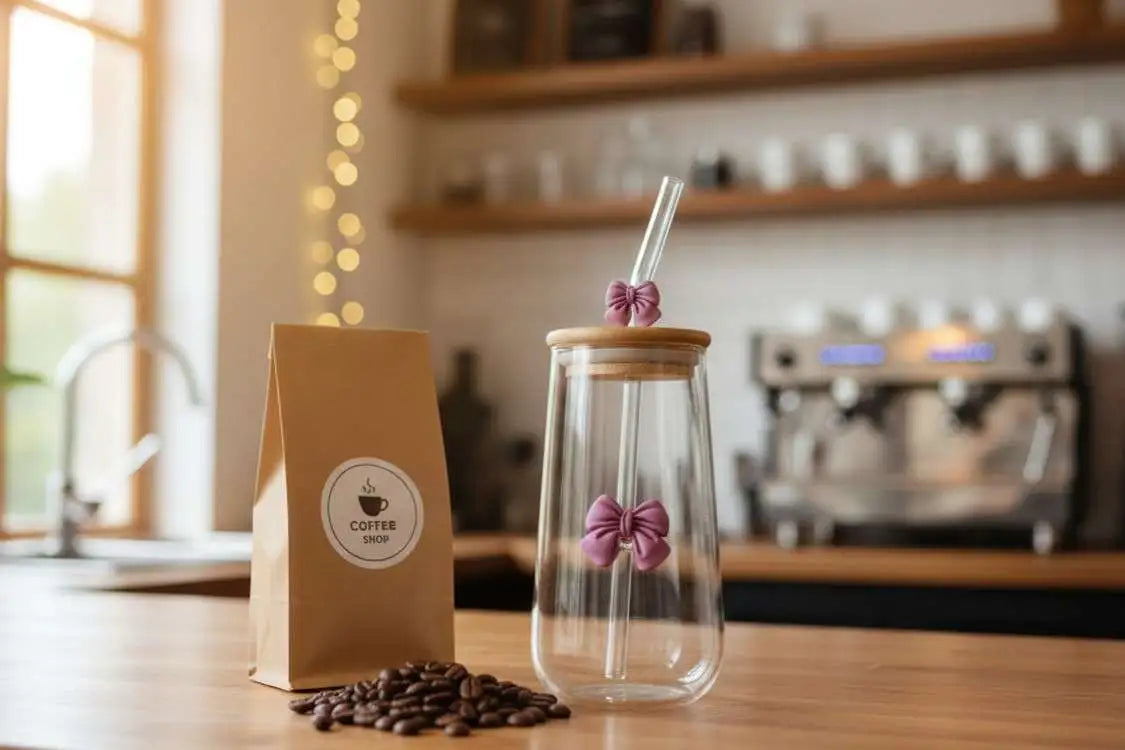 Coquette Aesthetic Glass Coffee Sipper with Pink Bows & Bamboo Lid