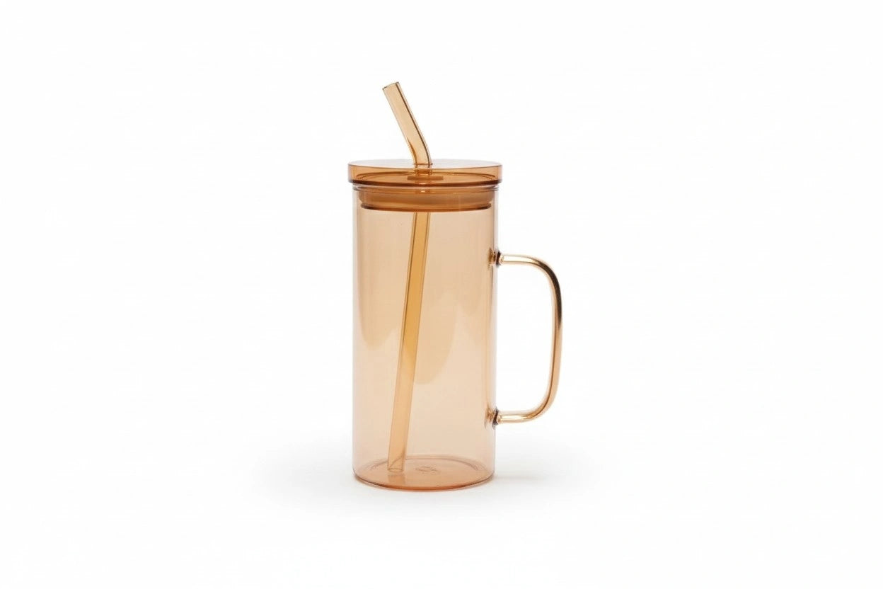 Reusable Glass Coffee Mug with Lid & Straw