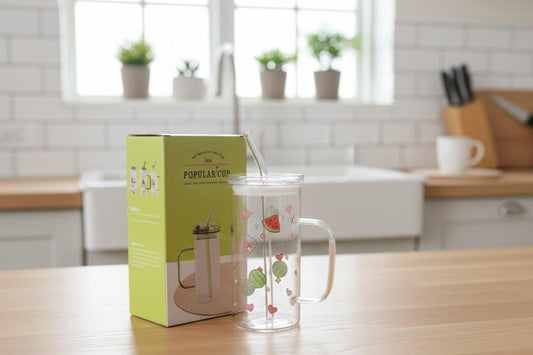 Cute Printed Glass Coffee Mug with Lid & Straw
