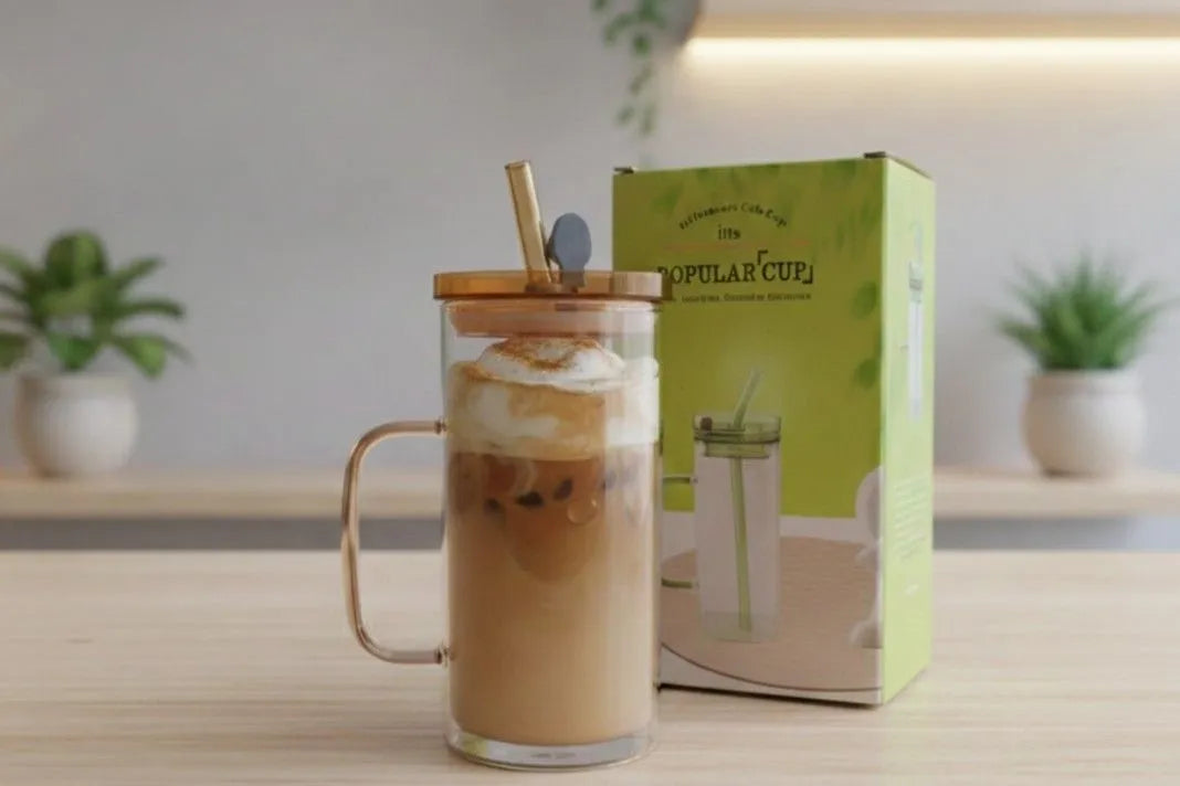 Reusable Glass Coffee Mug with Lid & Straw