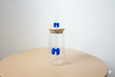Blue Bow Glass Jar Mug with Straw