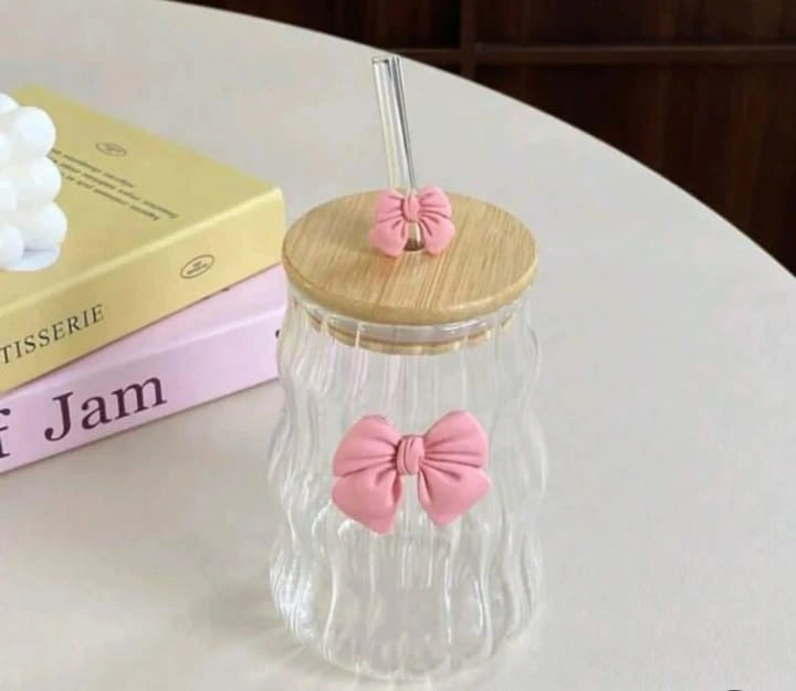 Aesthetic glass tumbler, bow glass cup, cute glass tumbler with straw, bamboo lid glass cup, reusable glass tumbler, iced coffee glass, kawaii drinkware, aesthetic cup with straw, eco friendly glass cup, cute coffee cup, aesthetic kitchen accessories, premium glass tumbler, gift glass cup