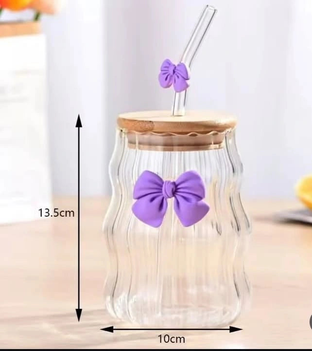 Aesthetic glass tumbler, bow glass cup, cute glass tumbler with straw, bamboo lid glass cup, reusable glass tumbler, iced coffee glass, kawaii drinkware, aesthetic cup with straw, eco friendly glass cup, cute coffee cup, aesthetic kitchen accessories, premium glass tumbler, gift glass cup