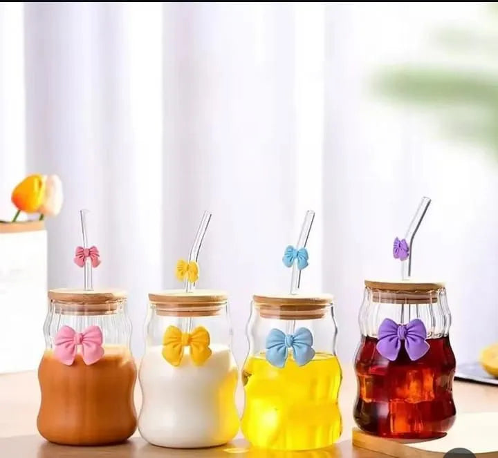 Aesthetic glass tumbler, bow glass cup, cute glass tumbler with straw, bamboo lid glass cup, reusable glass tumbler, iced coffee glass, kawaii drinkware, aesthetic cup with straw, eco friendly glass cup, cute coffee cup, aesthetic kitchen accessories, premium glass tumbler, gift glass cup