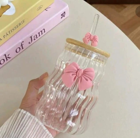 Aesthetic glass tumbler, bow glass cup, cute glass tumbler with straw, bamboo lid glass cup, reusable glass tumbler, iced coffee glass, kawaii drinkware, aesthetic cup with straw, eco friendly glass cup, cute coffee cup, aesthetic kitchen accessories, premium glass tumbler, gift glass cup
